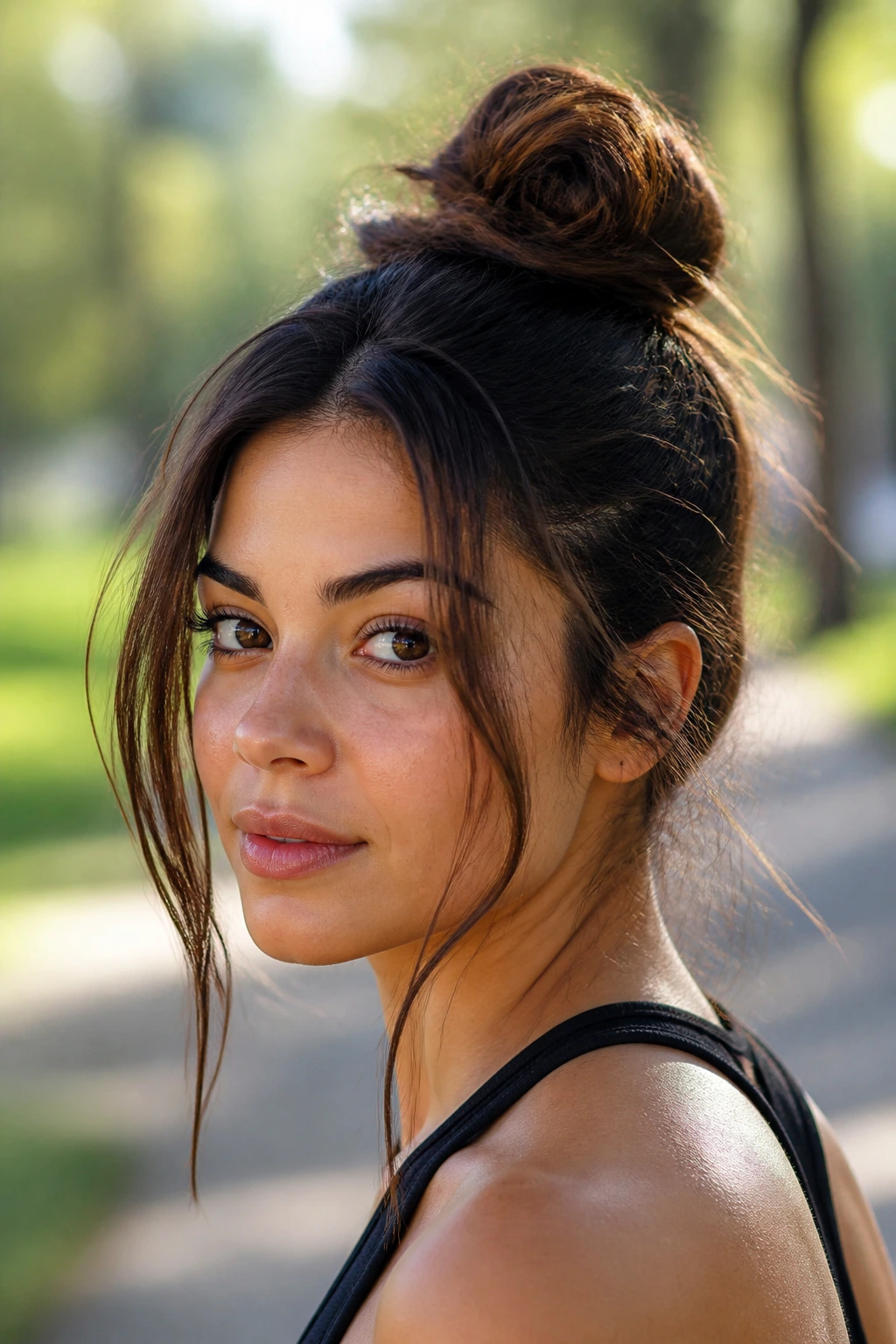 Close-up of a real woman with a topknot and loose face-framing pieces in an outdoor park.