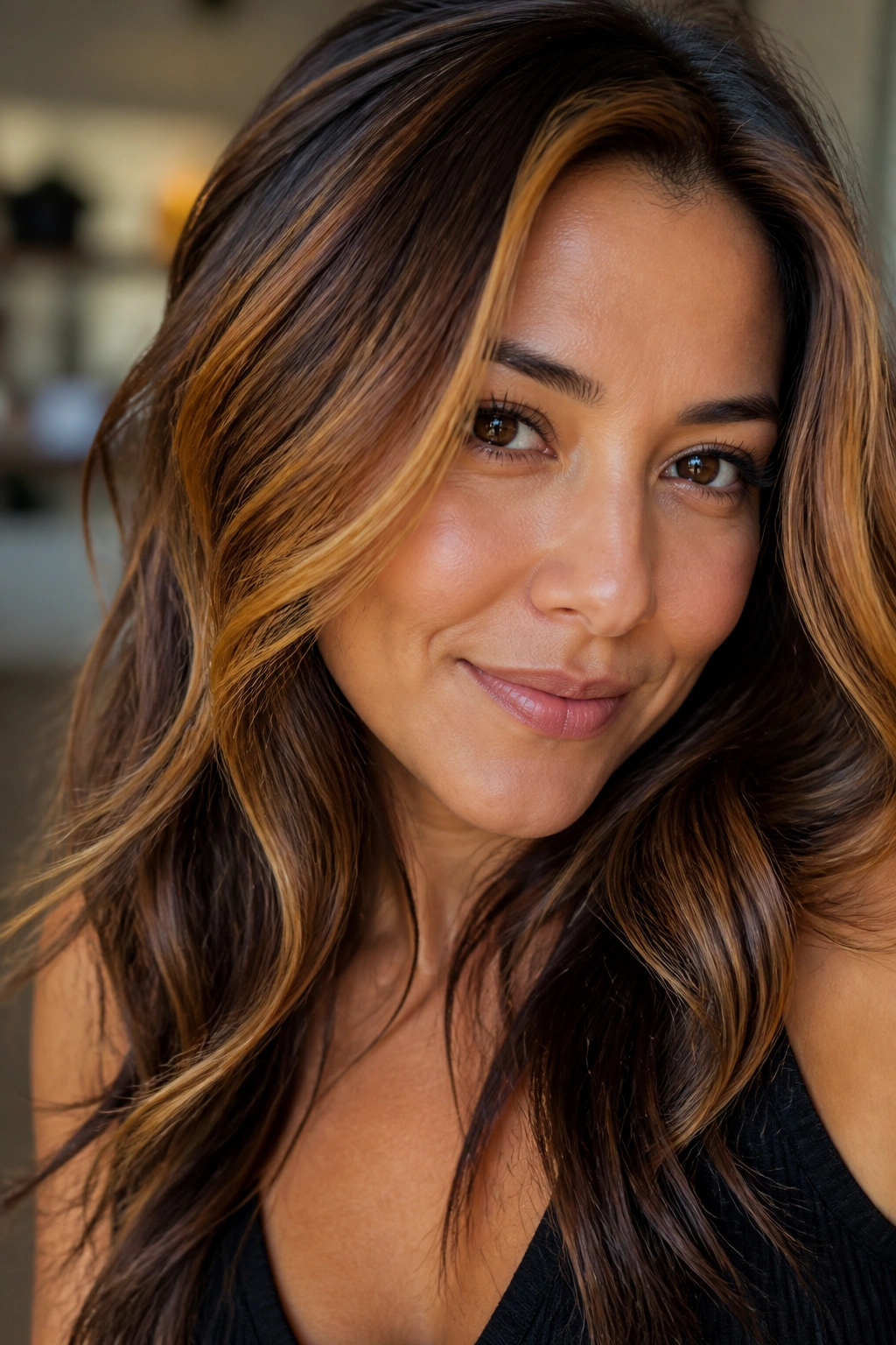 Tortoiseshell hair colors blending caramel amber chestnut near the front