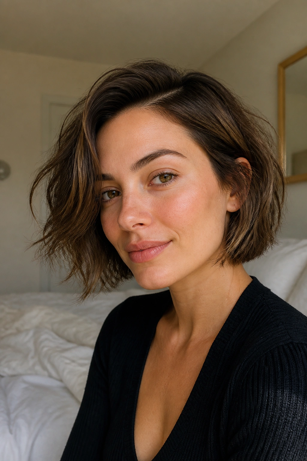 Close-up of a real woman with tousled air-dried French bob in natural light