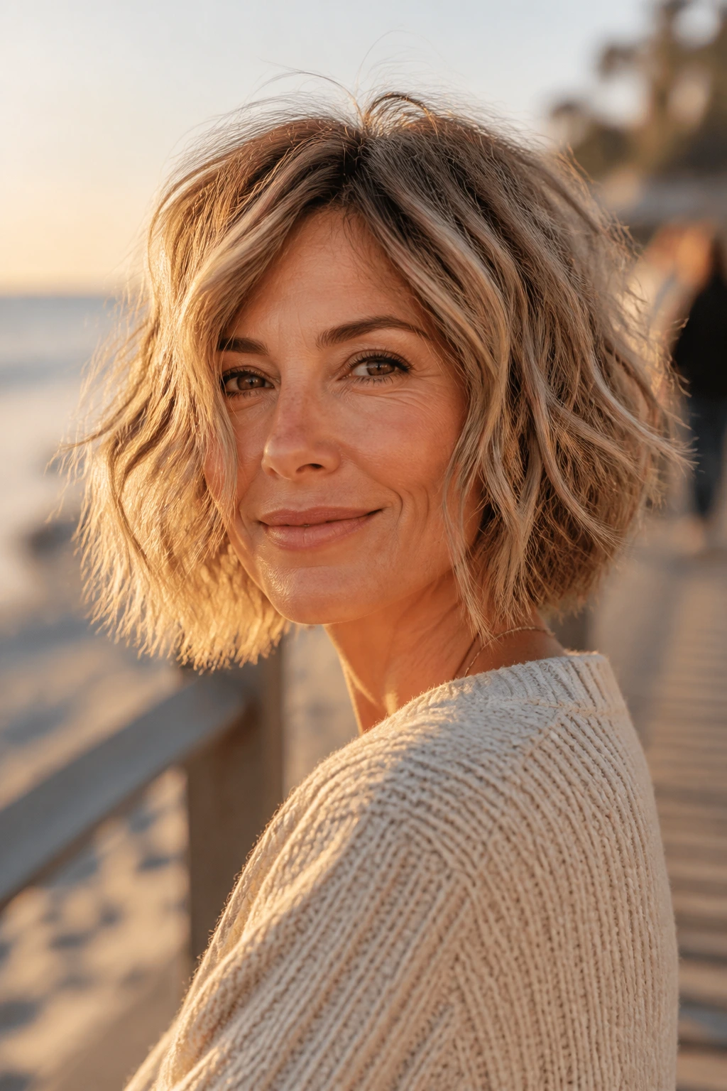 Real woman with a tousled beach bob in golden-hour outdoor setting.