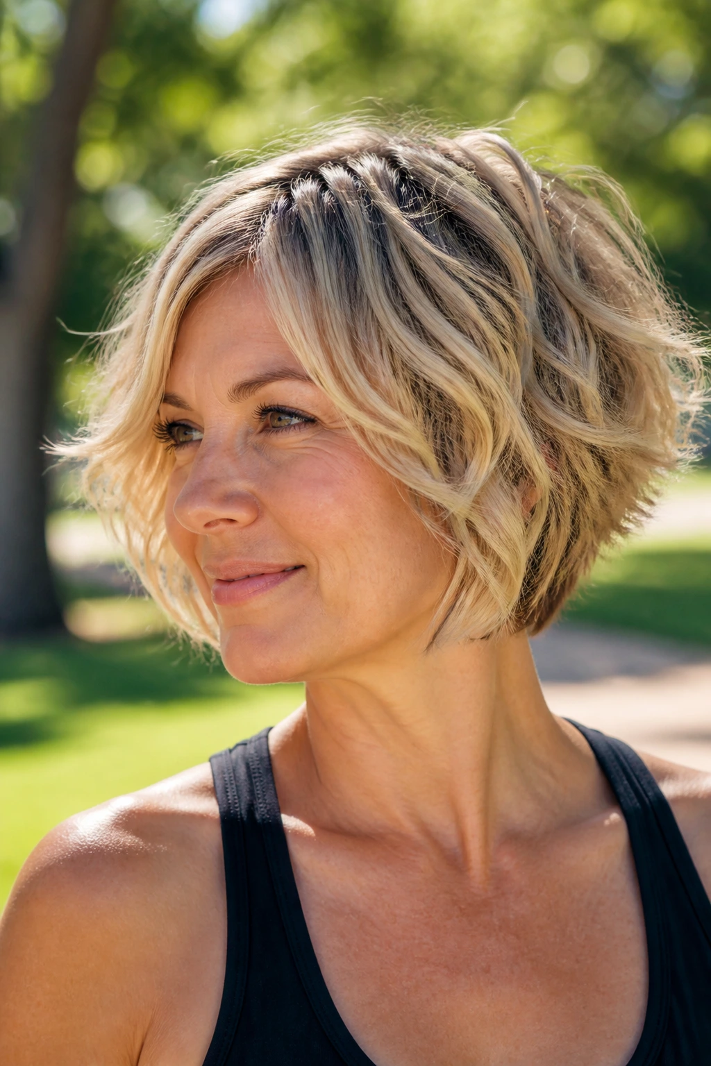 Portrait of a woman with tousled beachy pixie bob outdoors