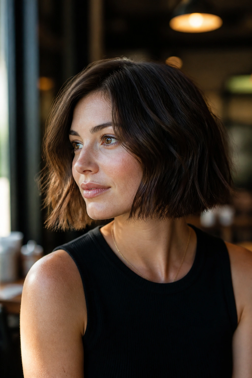 Close-up of a real woman with tousled blunt bob and waves.