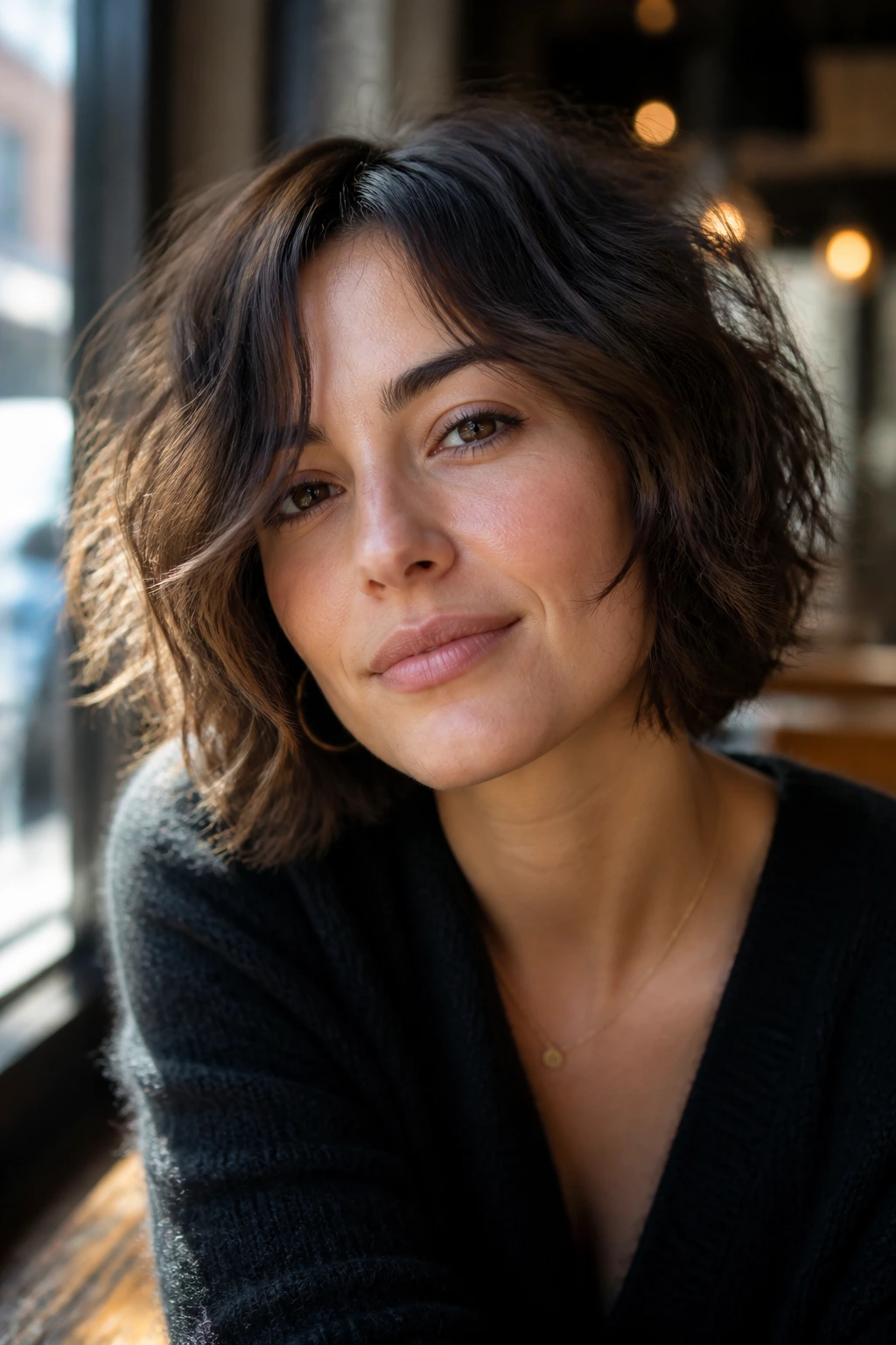 Close-up of a real woman with a tousled, air-dried bob in natural light