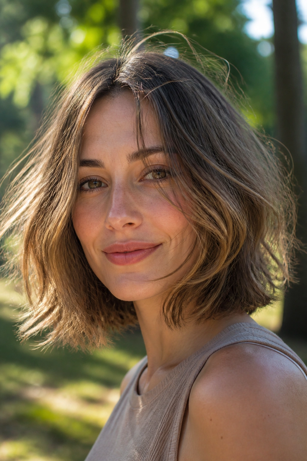 Portrait of a real woman with a tousled bob and bent ends