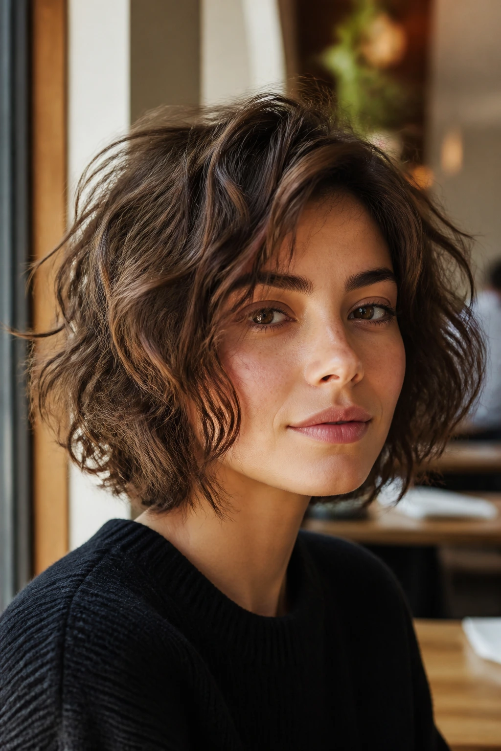 Close-up portrait of a real woman with a tousled bob featuring chunky layers and wave texture