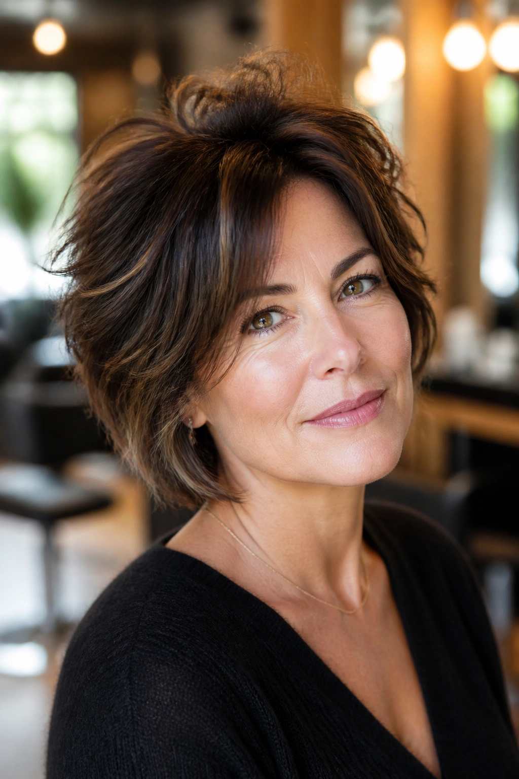 Portrait of a woman with a tousled bob and crown-volume lift.
