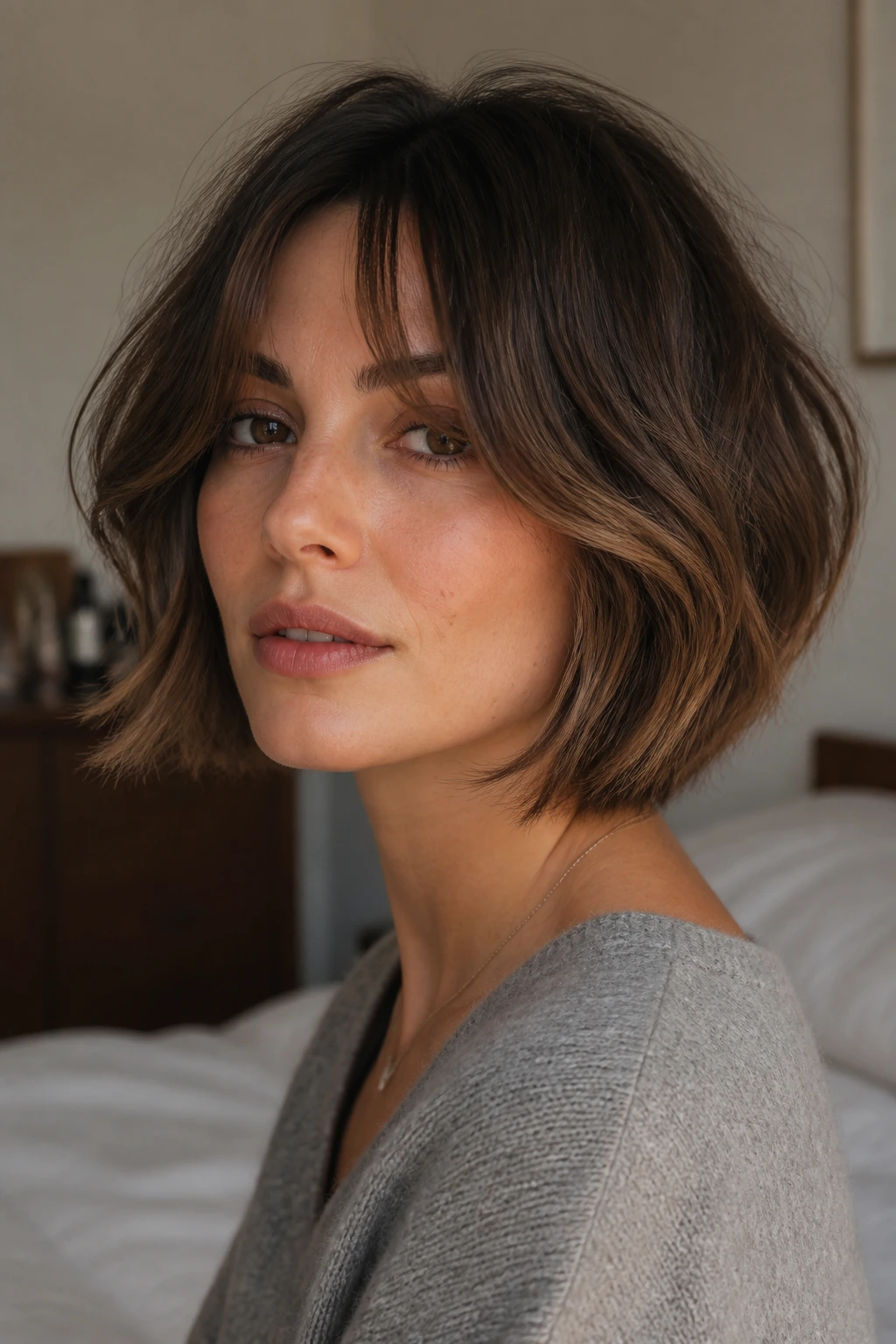 Close-up portrait of a woman with a tousled bob and curtain fringe