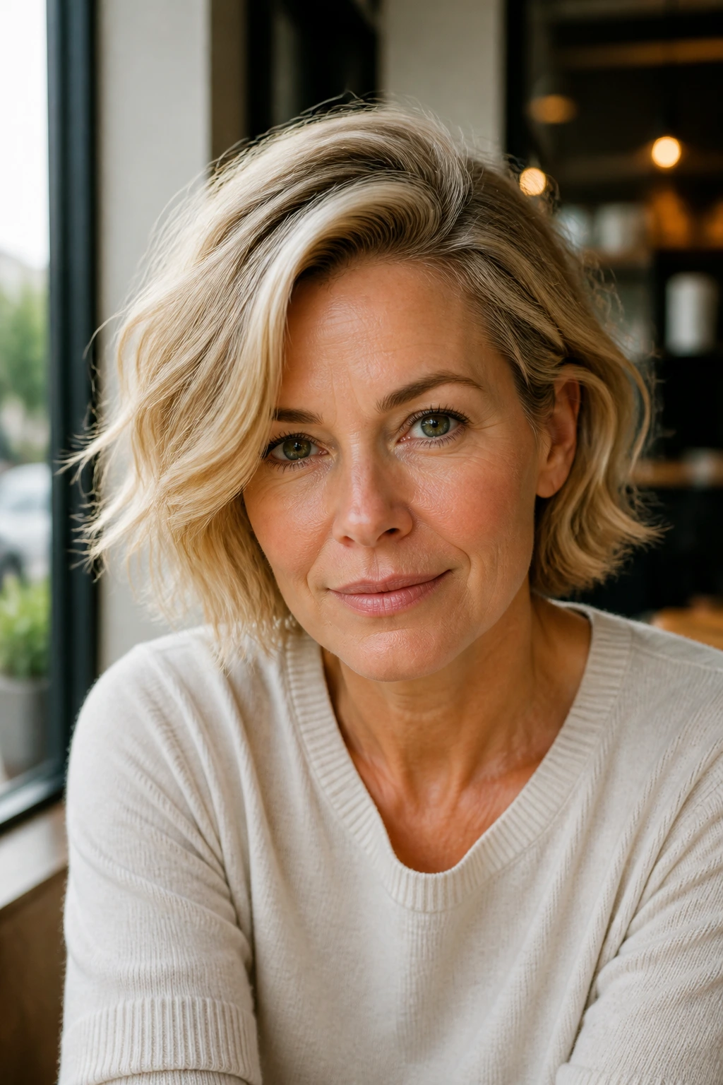 Close-up portrait of a woman with a deep side-part tousled bob