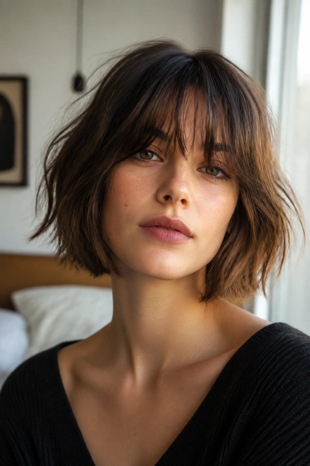 Close-up portrait of a real person with a tousled bob and fringe