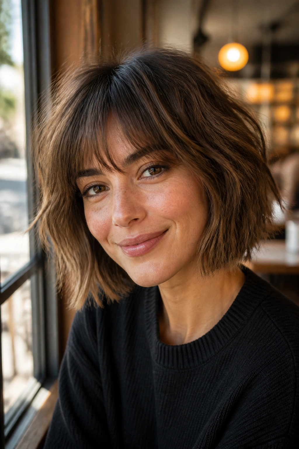 Close-up of a real woman with a tousled bob and piecey bangs in sunlit setting