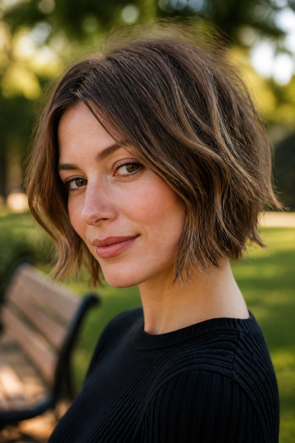 Real woman with tousled bob and piecey ends in outdoor light