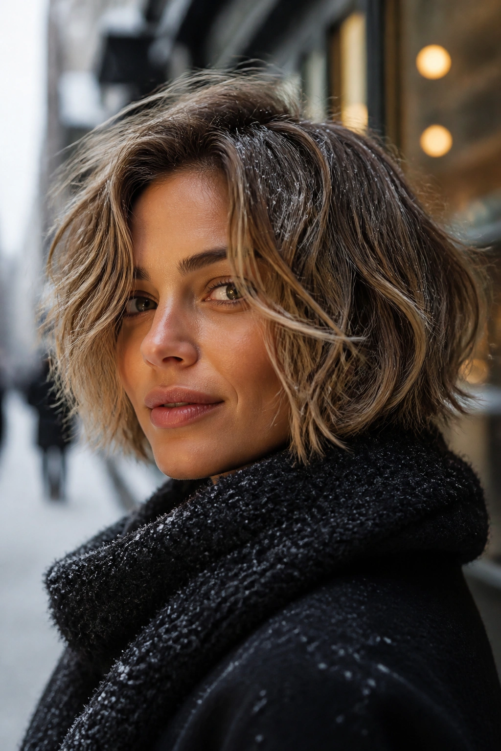 Close-up of a real woman with tousled salt-spray bob in a winter urban setting