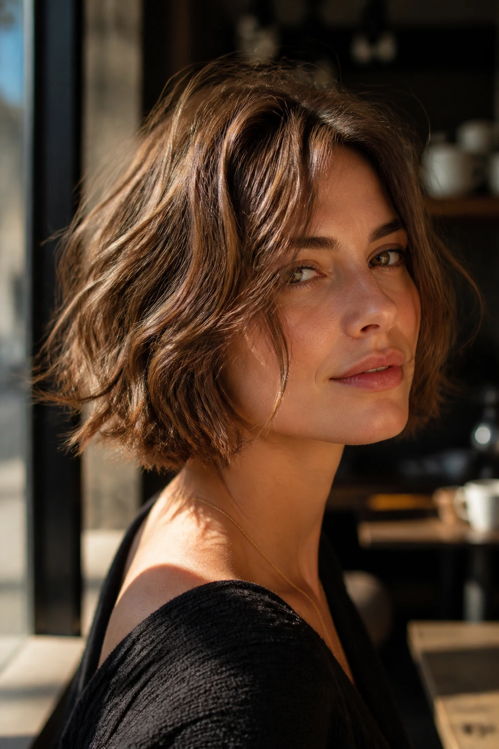 Close-up portrait of a real person with tousled Italian bob showing broken texture in natural daylight.