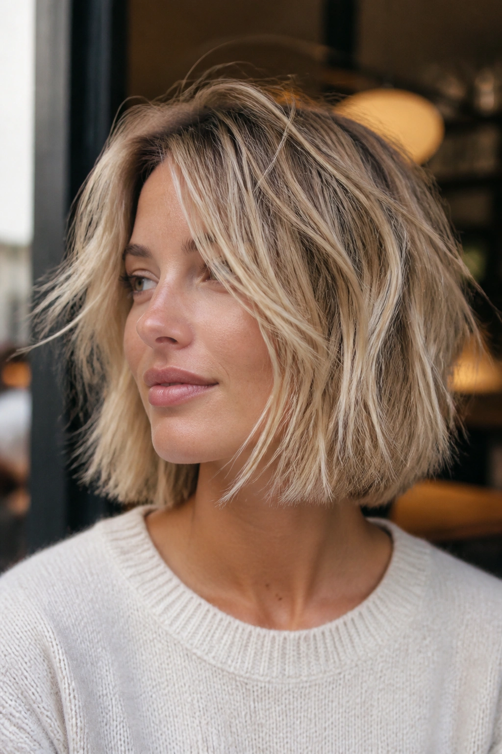 Close-up of a real woman with a tousled Scandinavian bob and broken texture