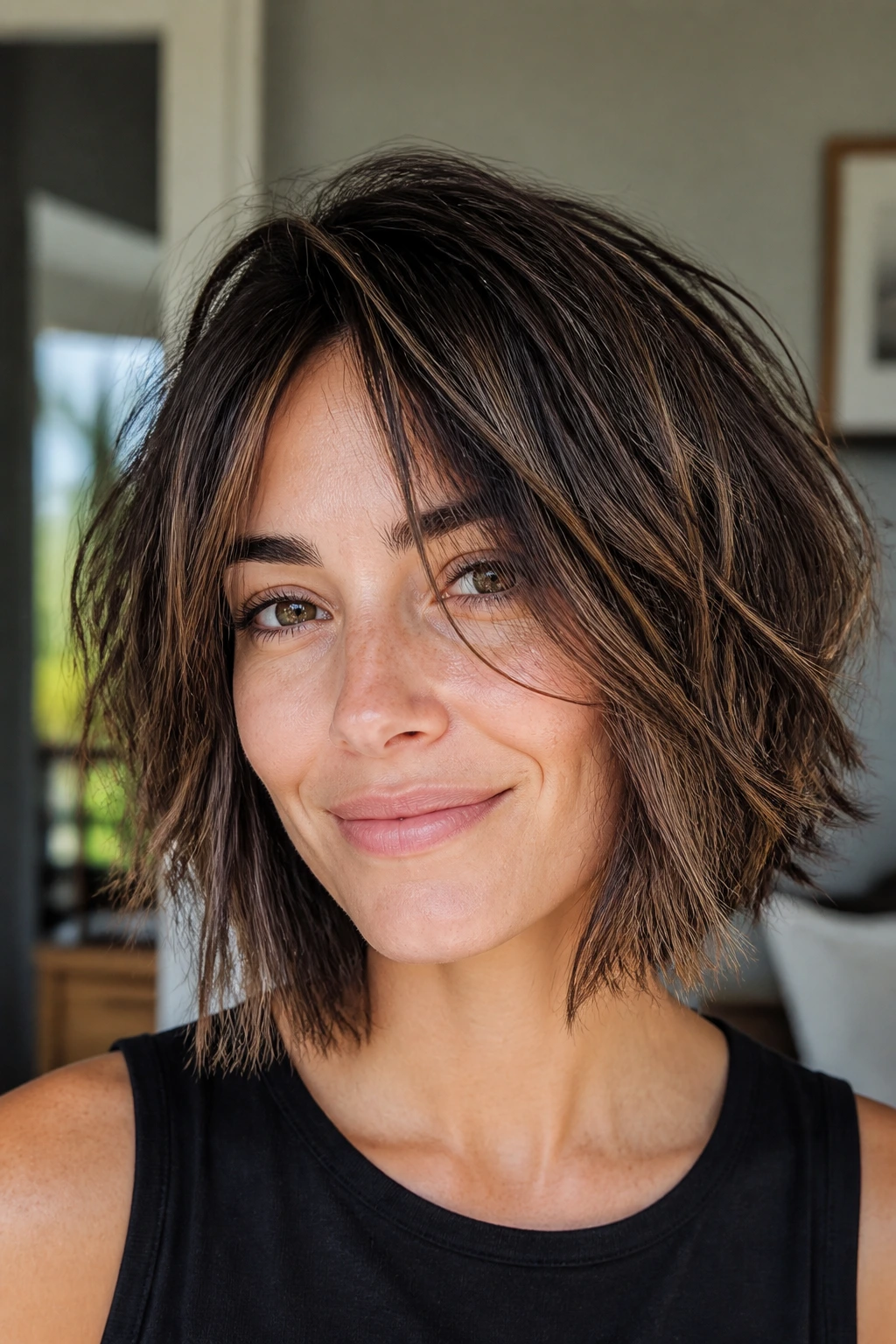 Close-up of a real woman with a tousled bob on thick hair