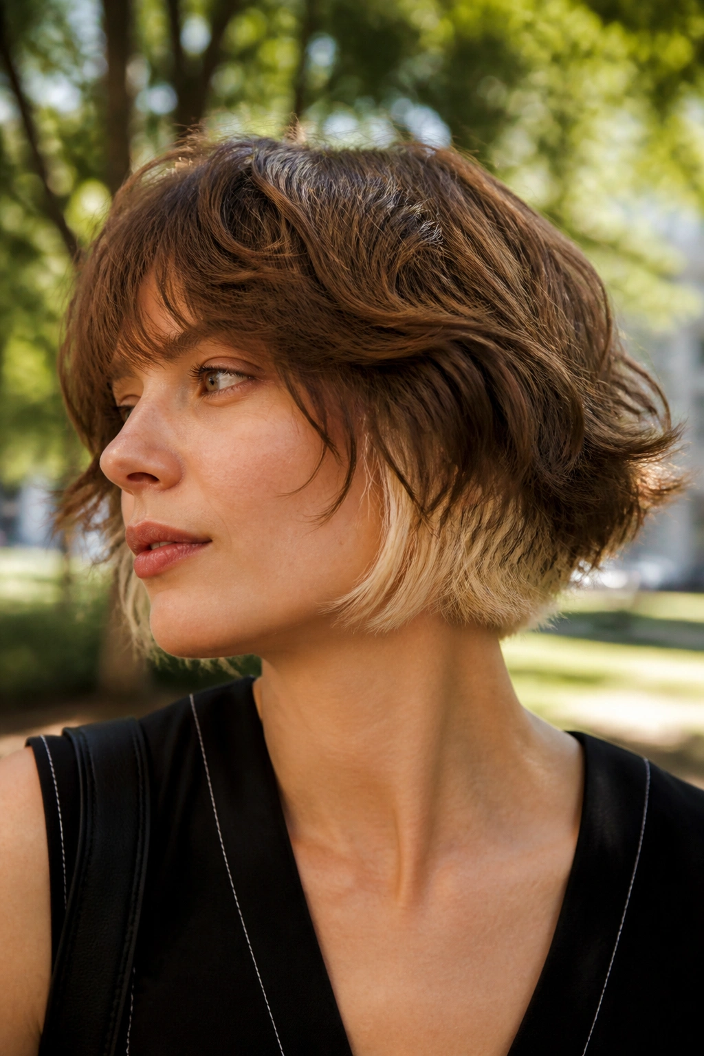 Real woman with tousled bob and underlayer cut-out in park setting