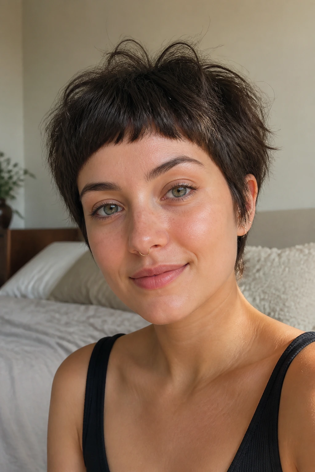 Real person with baby bangs and tousled crop in bright morning light
