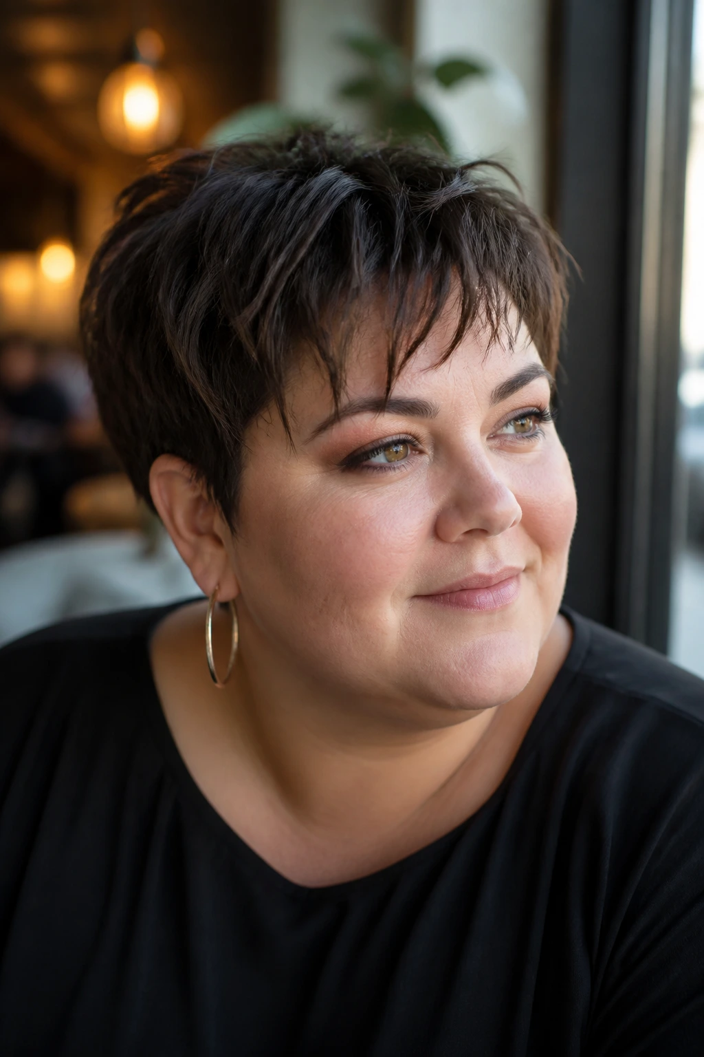 Close-up of a real woman with a tousled crop and piecey fringe in natural daylight