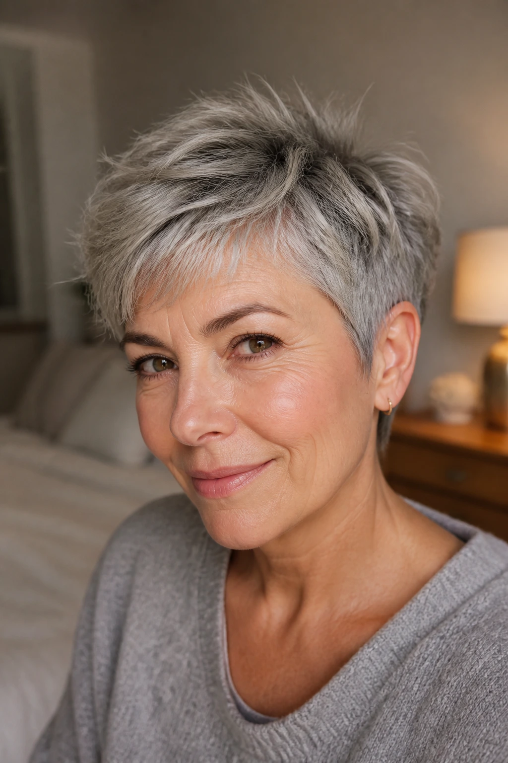 Close-up portrait of a woman with a tousled crop on gray hair, warm window light