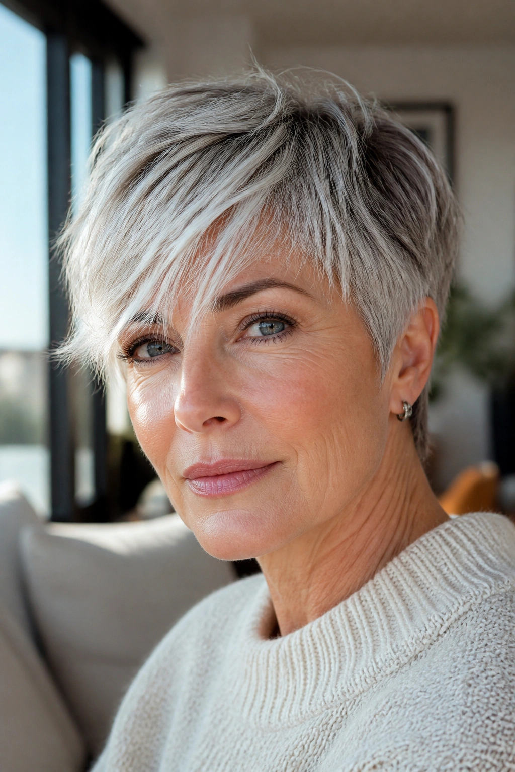Close-up portrait of a gray-haired woman with a tousled crop and long fringe in a sunlit living room