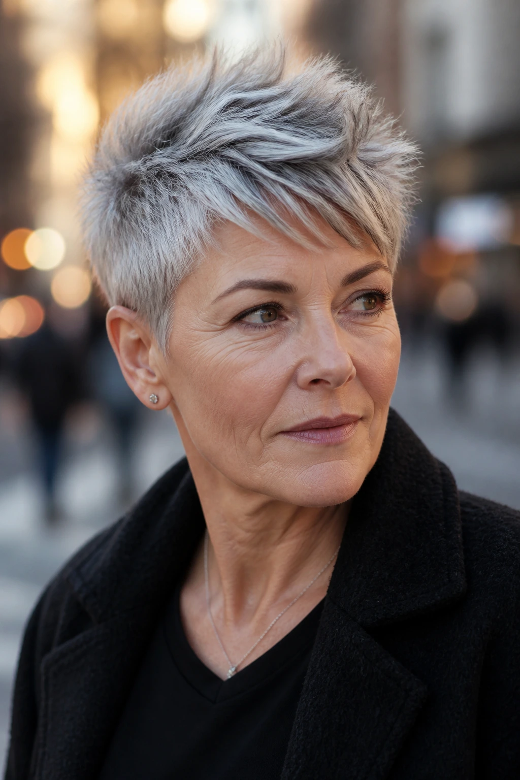 Close-up portrait of a real woman with tousled crop and longer top in city light.