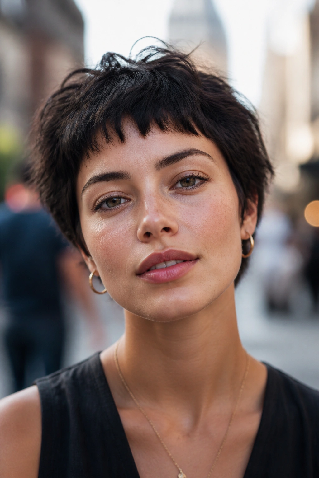 Front portrait of a real woman with a tousled crop and micro bangs