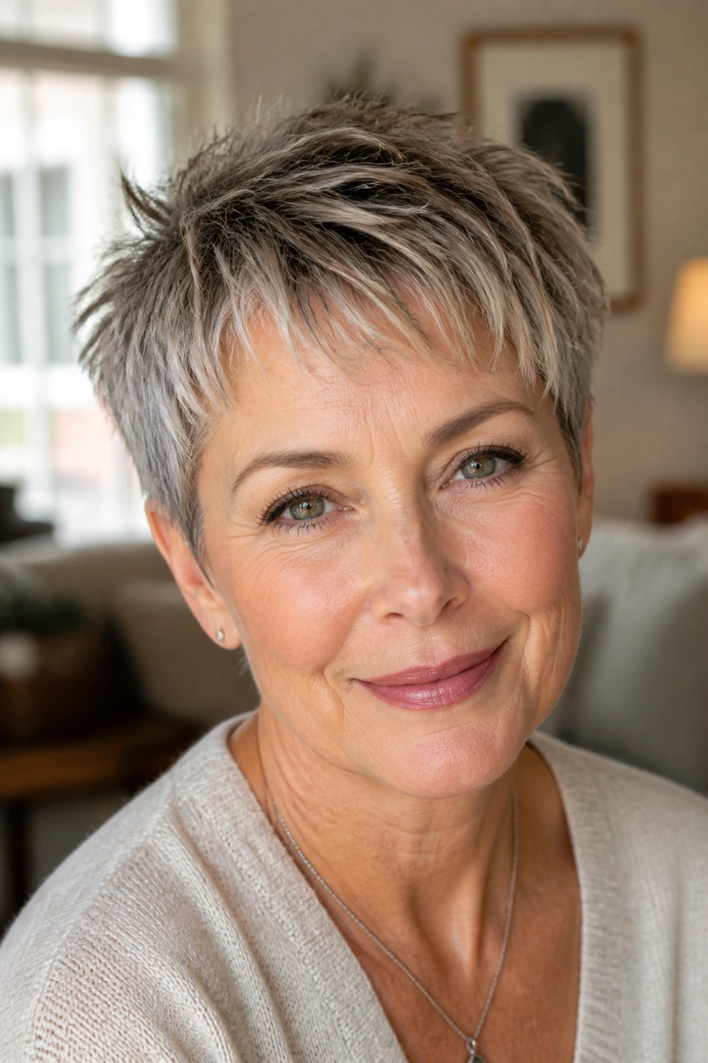 Real woman with a tousled short crop and micro-layers in natural light.