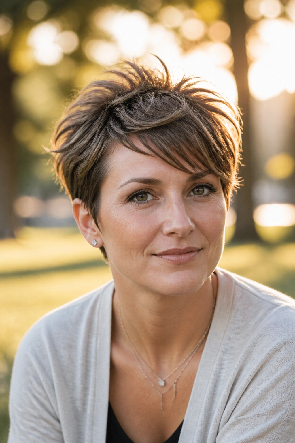Real woman with tousled crop and piecey crown in golden-hour outdoor setting