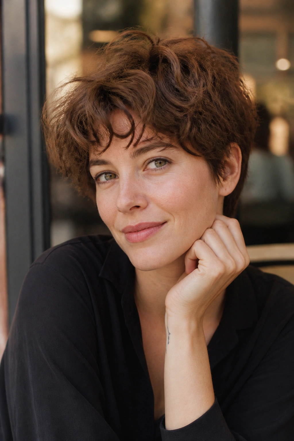 Close-up portrait of a real person with a five-minute tousled crop in natural daylight