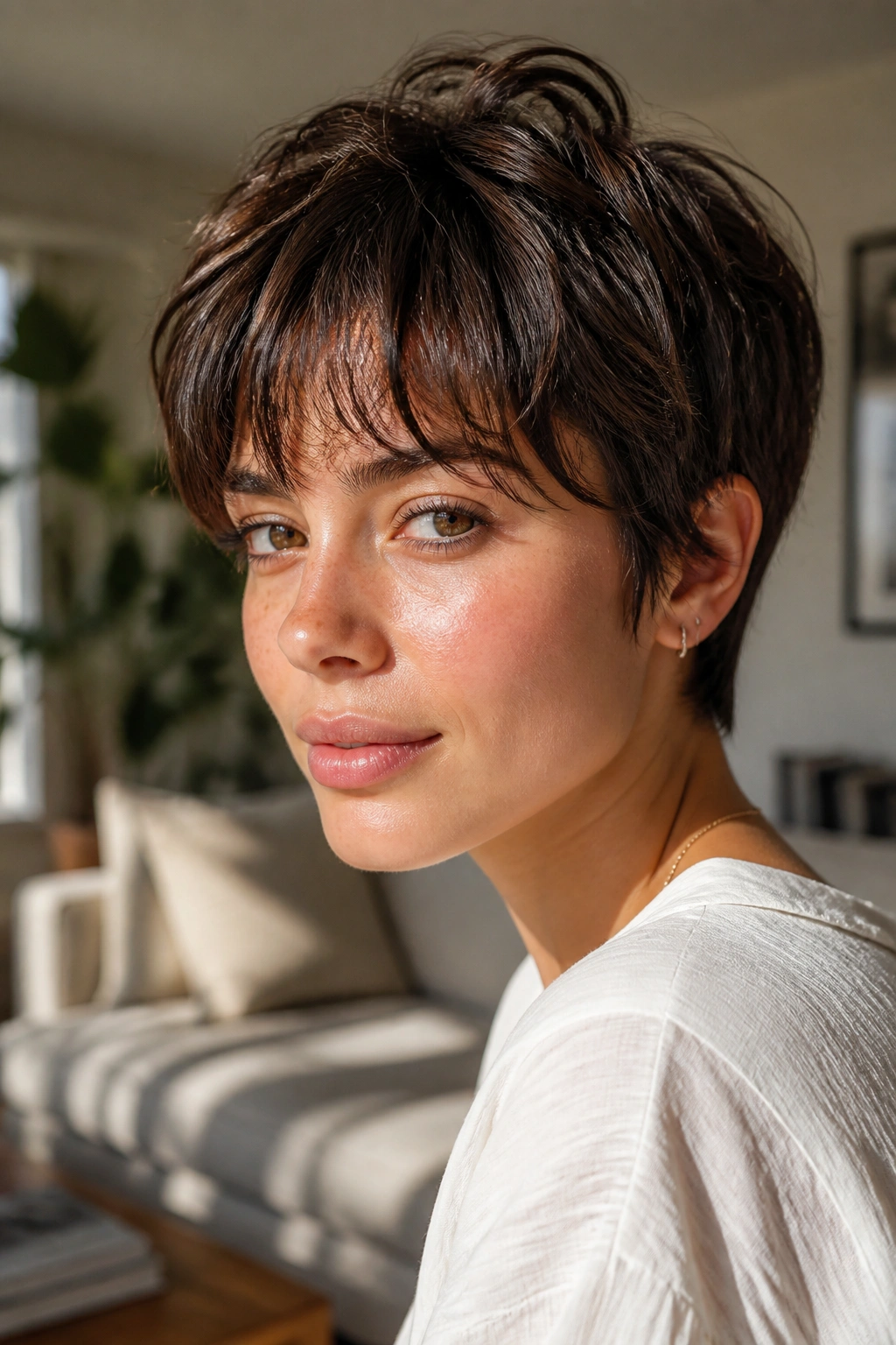 Close-up of a real woman with a tousled crop and wispy bangs in sunlit room