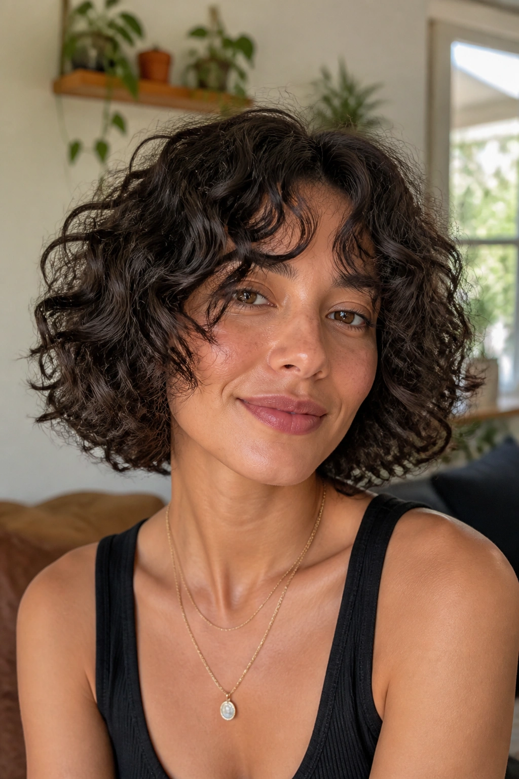 Close-up of a real woman with tousled curly bob and curtain bangs in a cozy living room.
