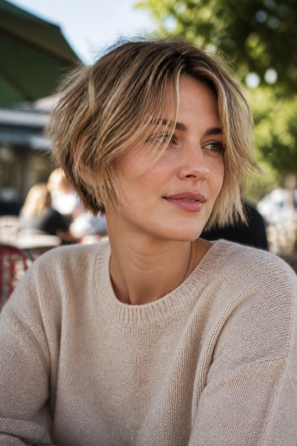 Portrait of a woman with ear-length tousled bob in sunny outdoor setting
