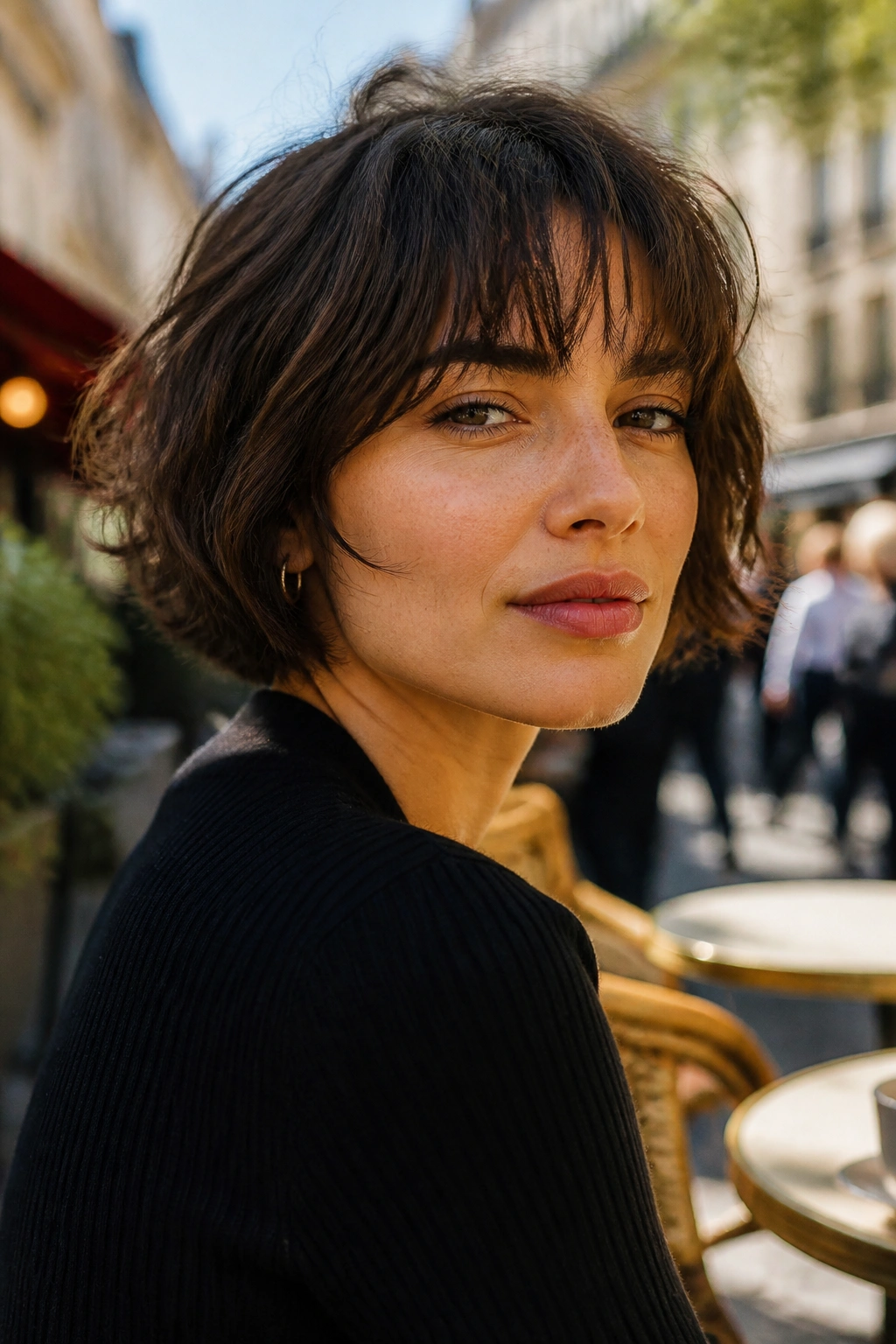 Close-up of a woman with tousled bob and piecey bangs on a sunlit city sidewalk cafe