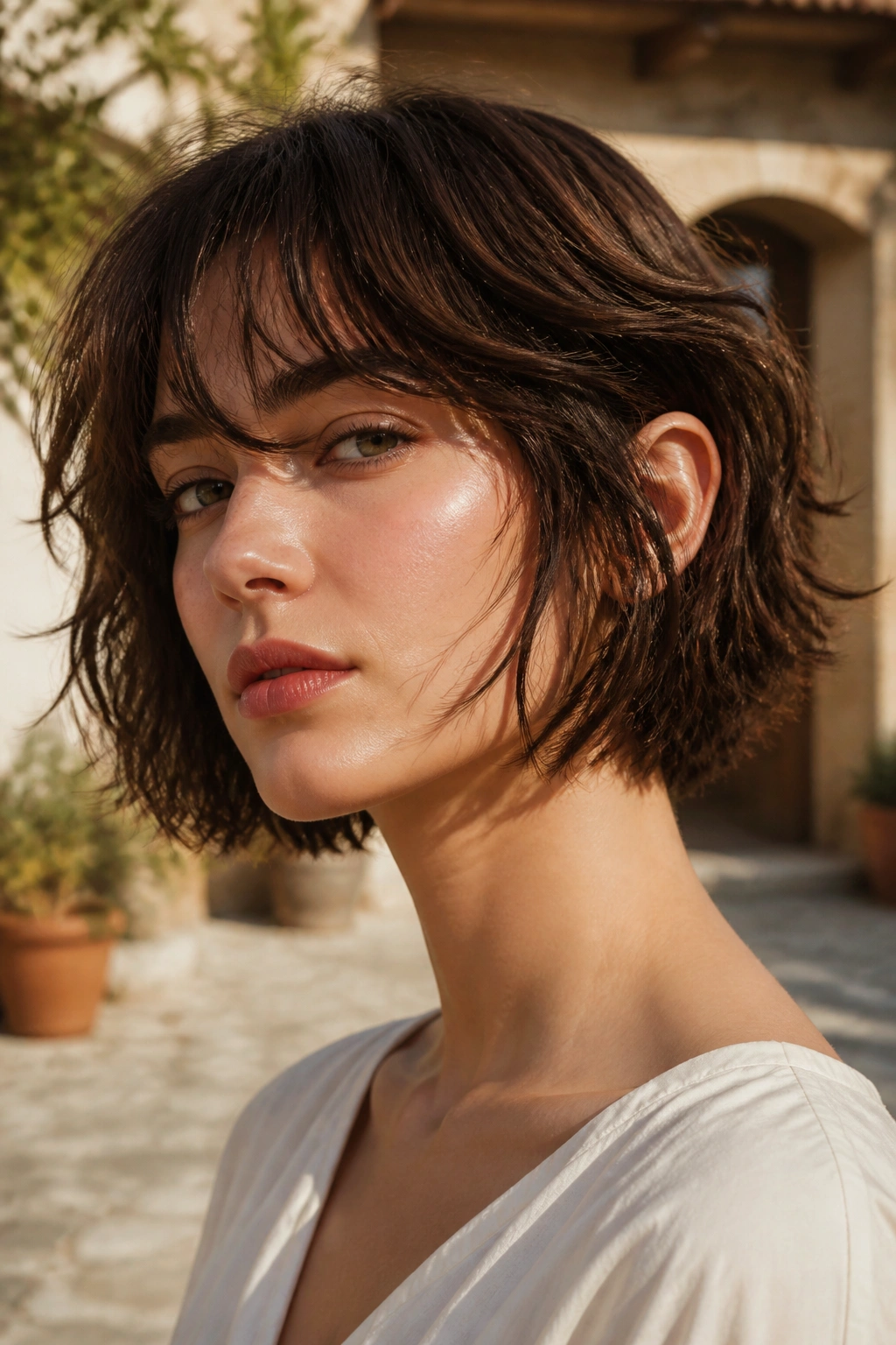Close-up of a woman with a tousled French bob and piecey ends in outdoor light.