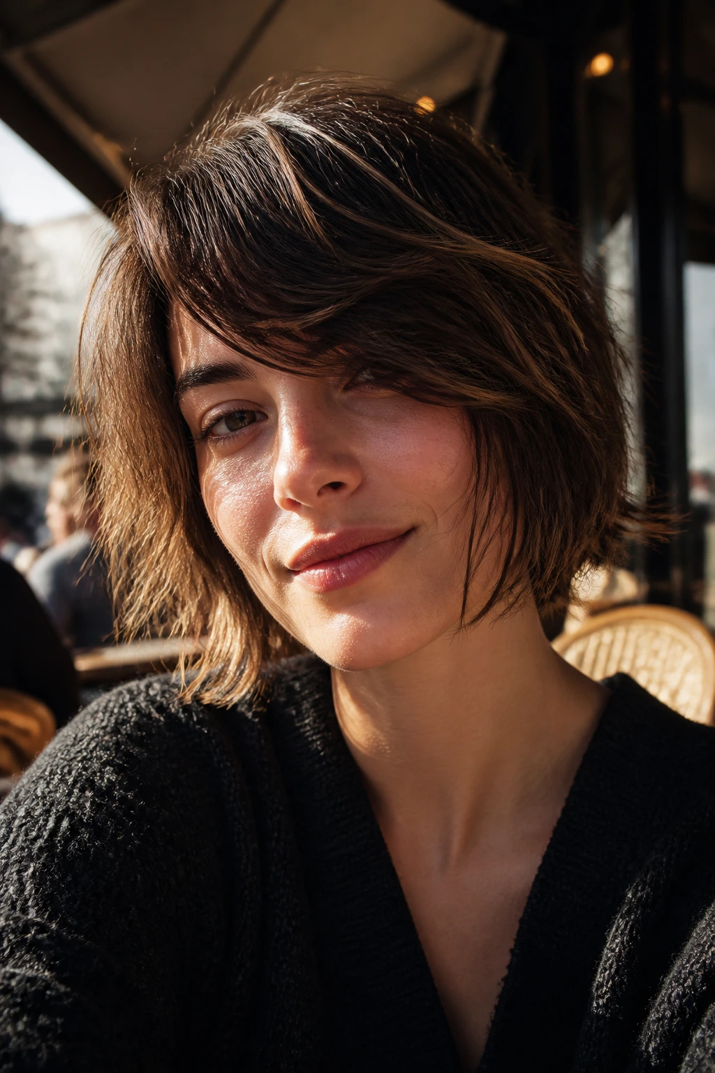 Portrait of tousled French bob with side-swept bangs on real woman