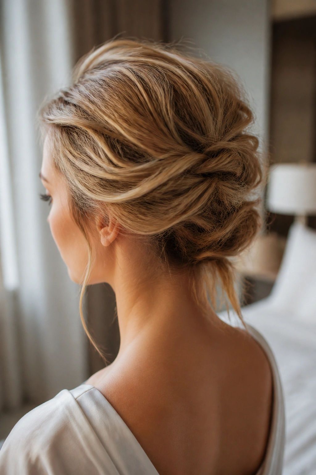 Close-up of a woman with a tousled French twist, warm window light