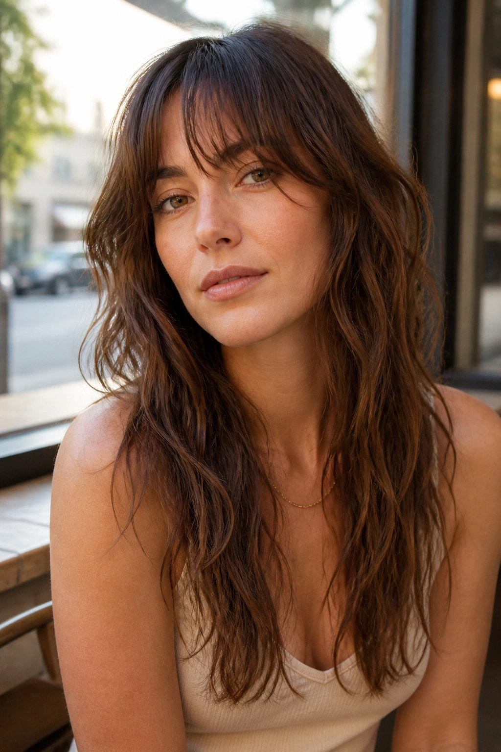Close-up portrait of a real woman with sliced fringe on a long shag
