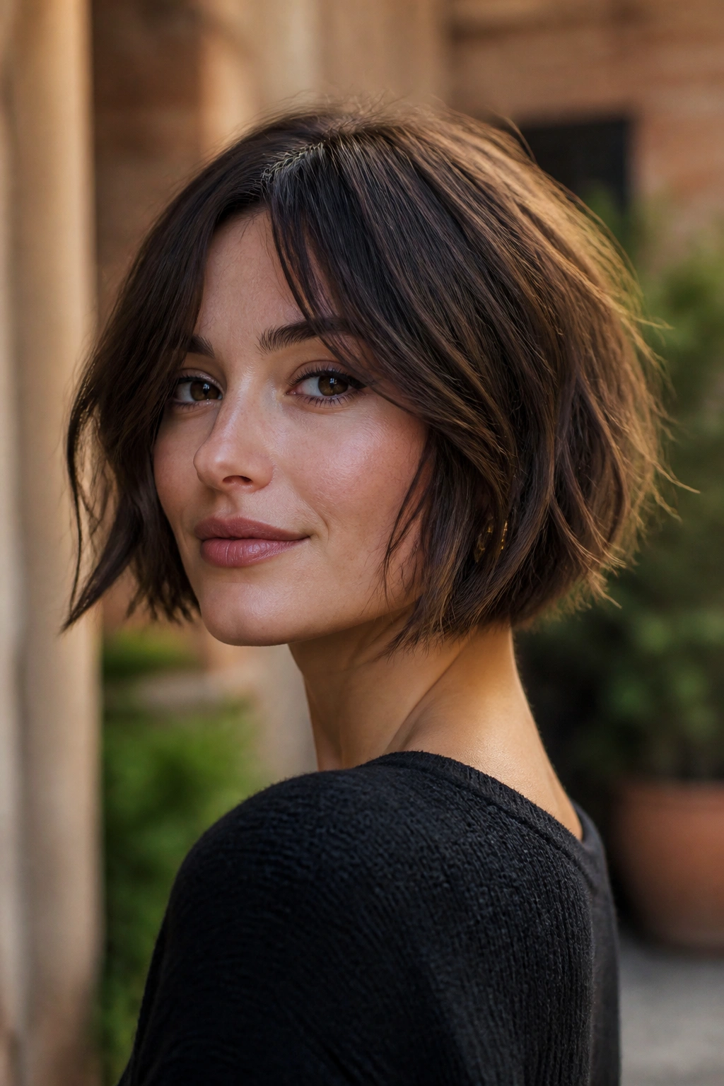 Real woman with tousled Italian bob and piecey ends showing texture