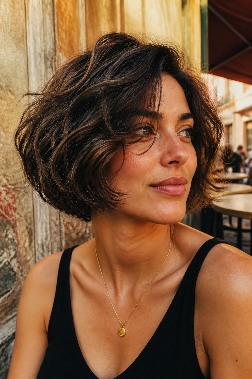 Real woman with tousled Italian bob showing movement near the jawline.