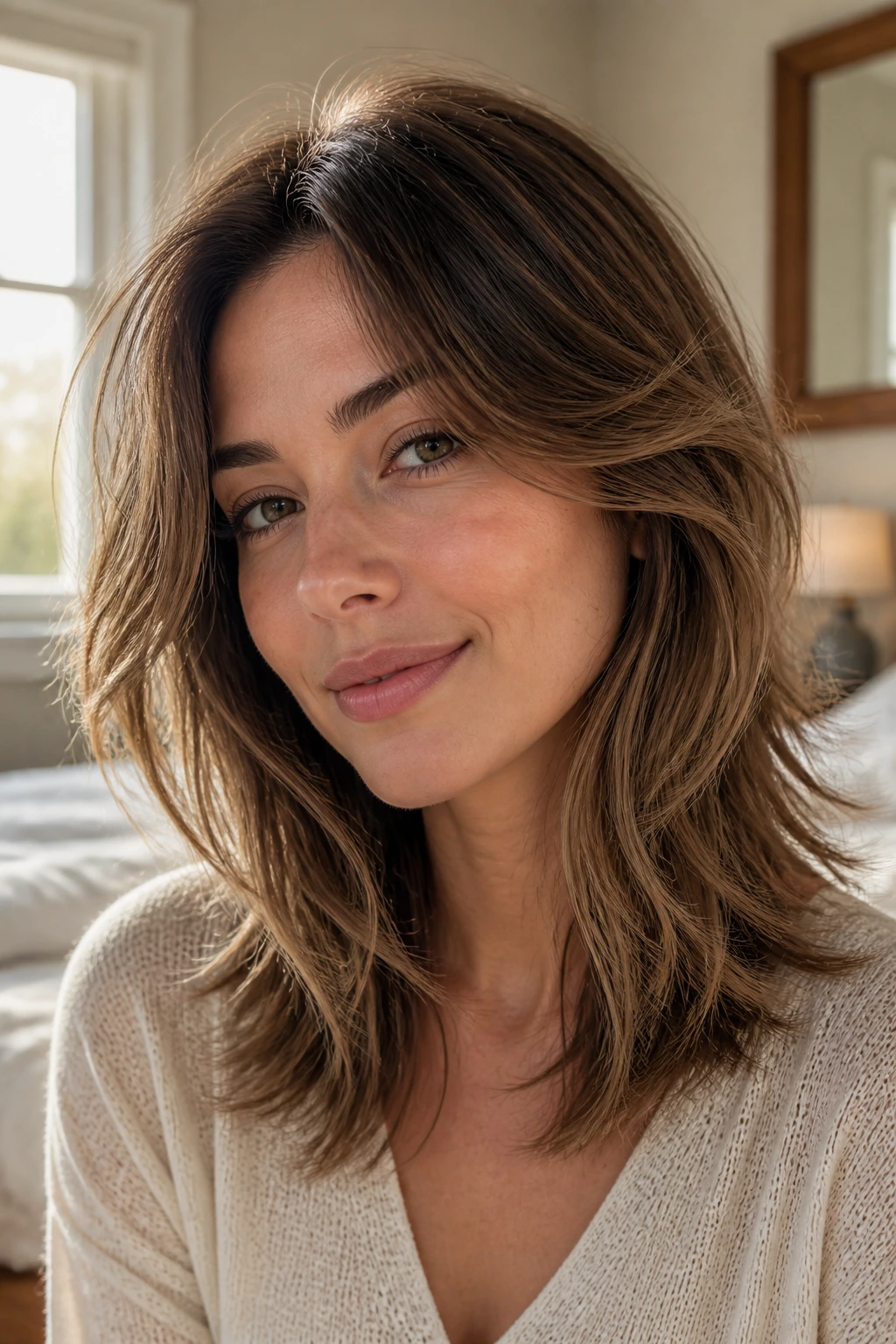 Close-up of a real woman with a tousled layered cut for fine hair in natural light