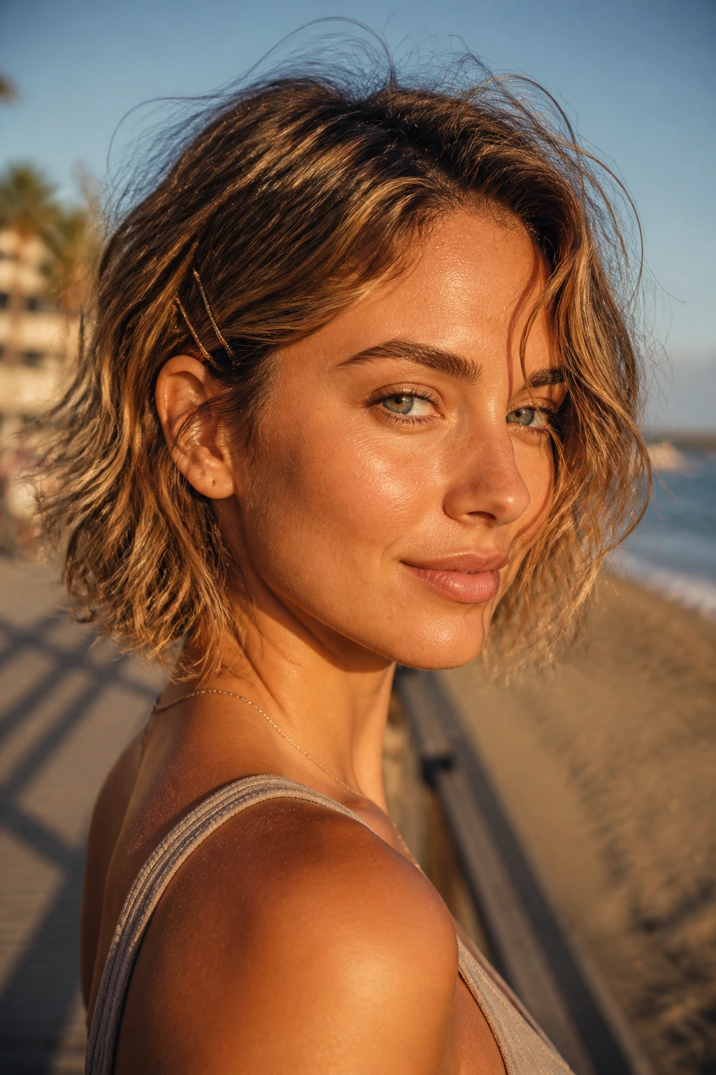 Close-up of a real woman with a tousled lob and clips at the side in a beachy outdoor setting
