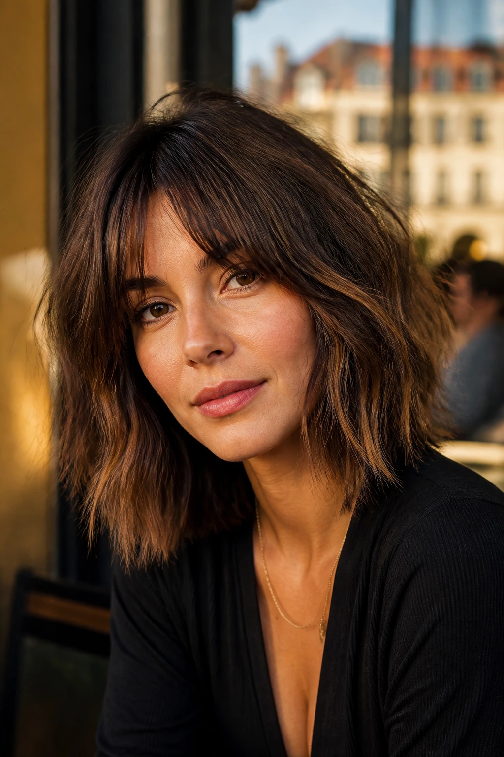 Close-up of a real woman with tousled lob, broken ends and curtain bangs in golden hour outdoor light.