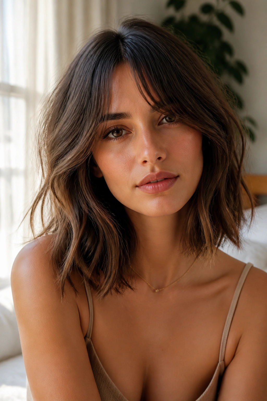 Close-up of a real woman with tousled lob and curtain bangs.