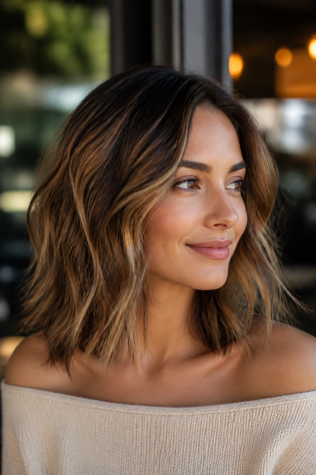 Real woman with tousled lob waves and barely curved ends in warm natural light