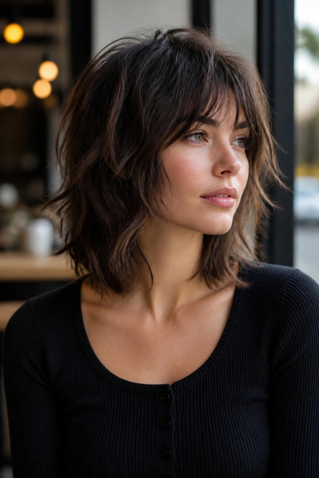 Real woman with tousled lob wolf cut highlighted by natural daylight at a cafe window