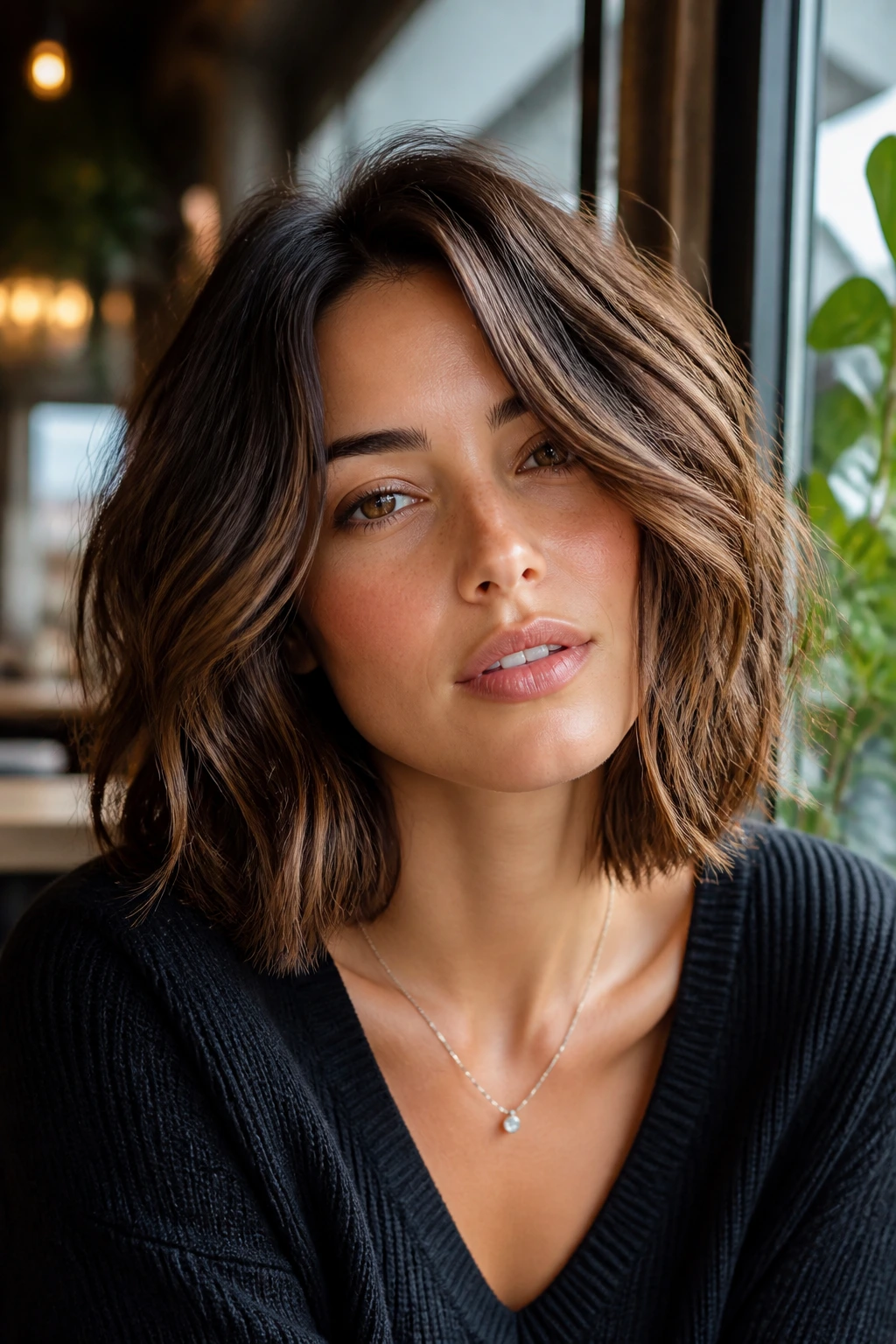 Close-up portrait of a woman with a tousled midi haircut at chin-to-collarbone length.