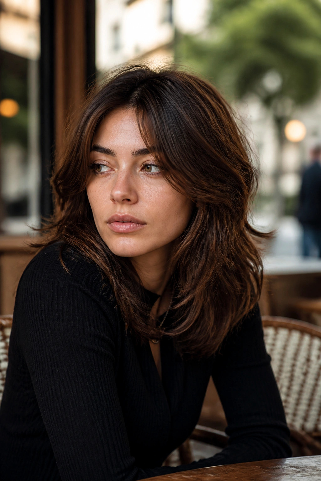 Close-up of Tousled Mod Shag With Center Part on a real woman with soft layers and center-parted waves.