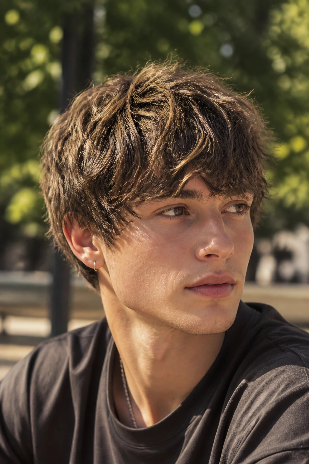 Close-up of a real person with a tousled mop crop in outdoor sunlight