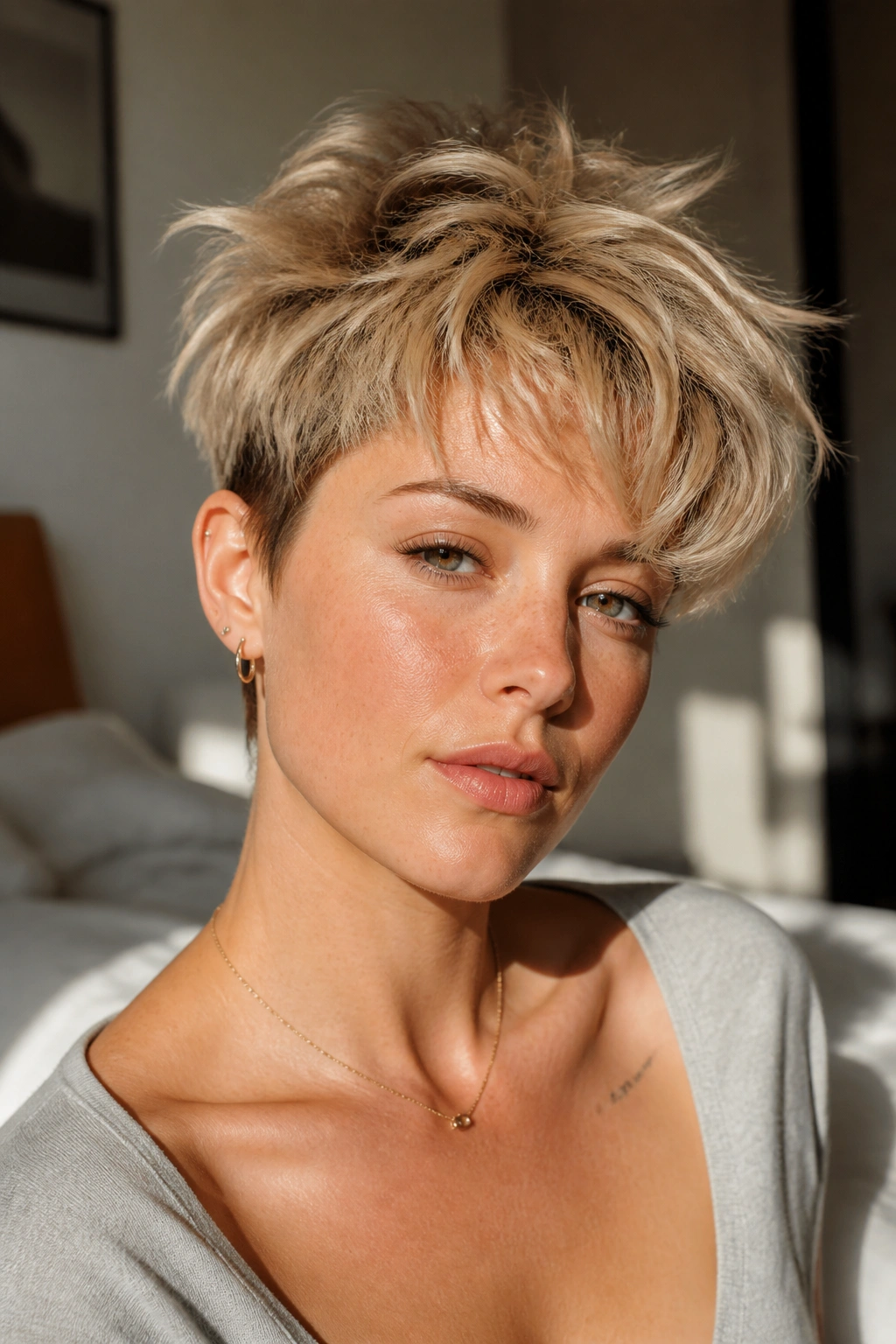 Close-up of a real person with tousled bedhead pixie and textured top.