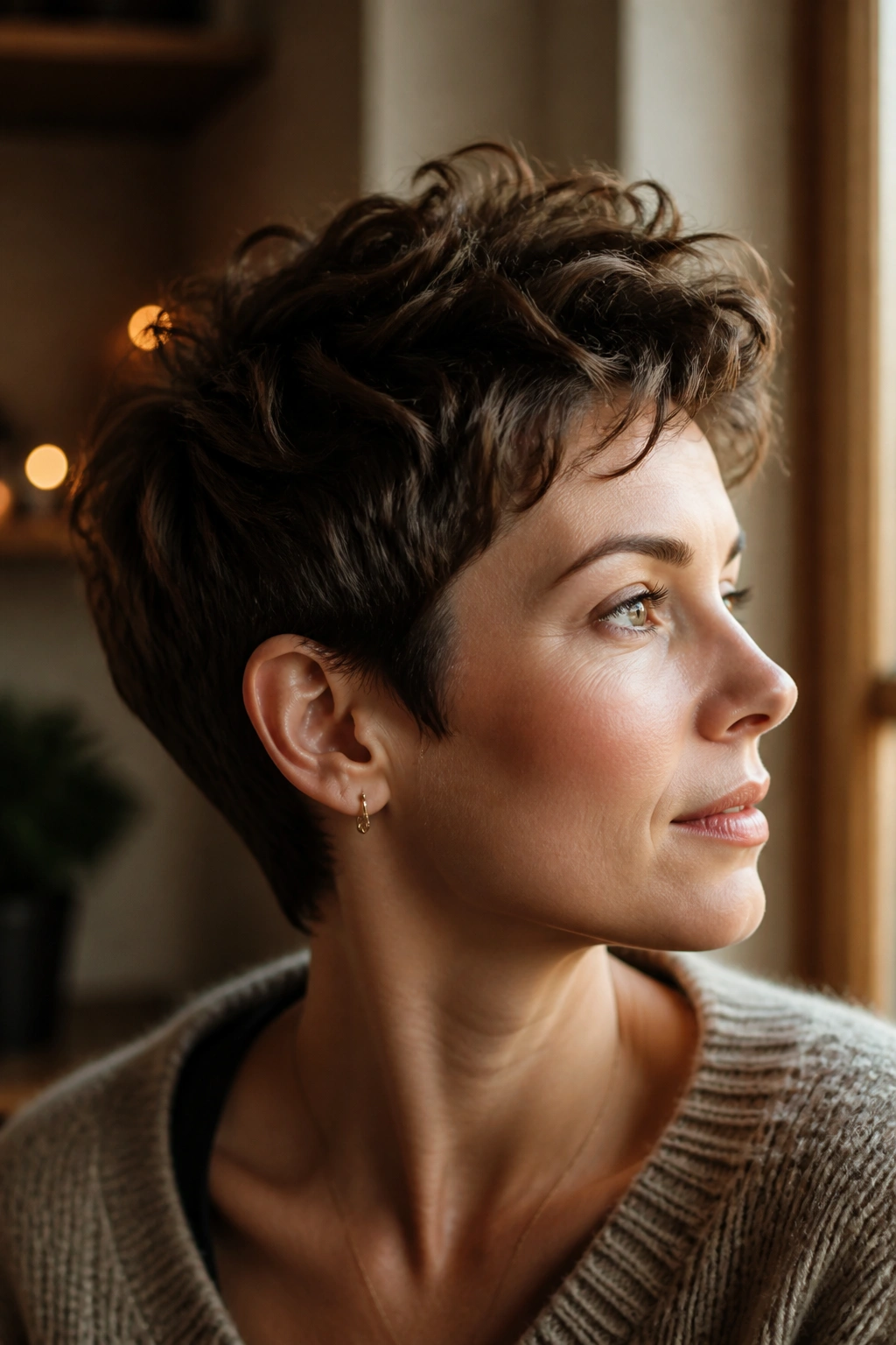 Close-up of a person with a tousled pixie and lifted crown